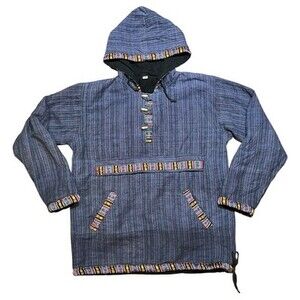 Blue Aztec Anorak Hoodie Jacket Size Large Toggles Lined Hippie Boho Nepal